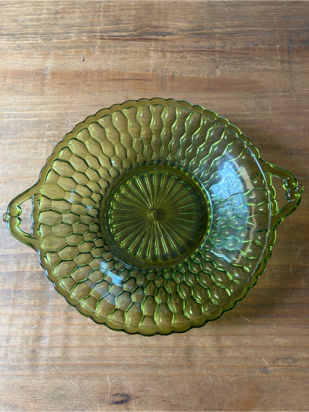 Vintage Green Glass Serving Bowl with Handles